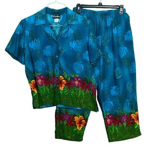 Caribou Womens‎ 2 Piece Shirt Cropped Pants Vintage Tropical Blue Size Large
